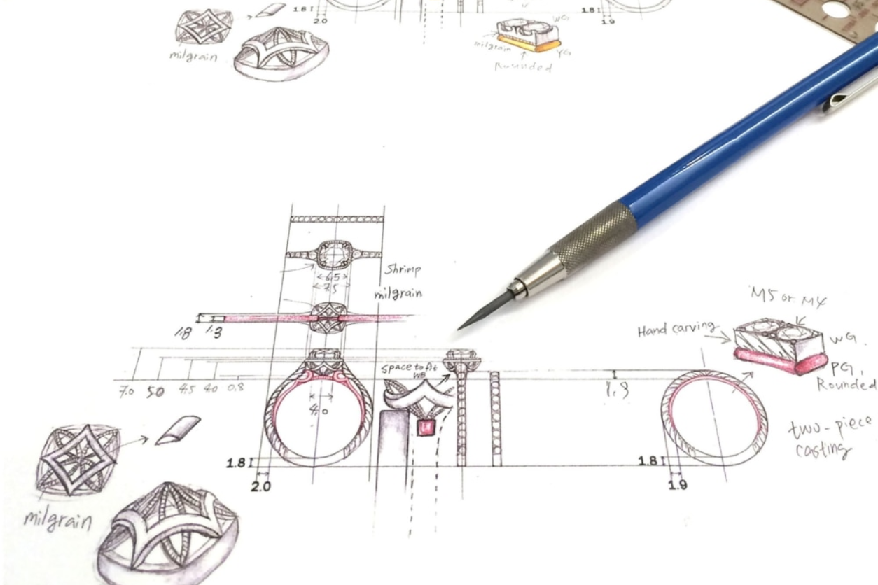 Jewelry design sketch and technical drawing