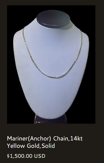 Mariner (Anchor) Chain, 14kt Yellow Gold, Solid